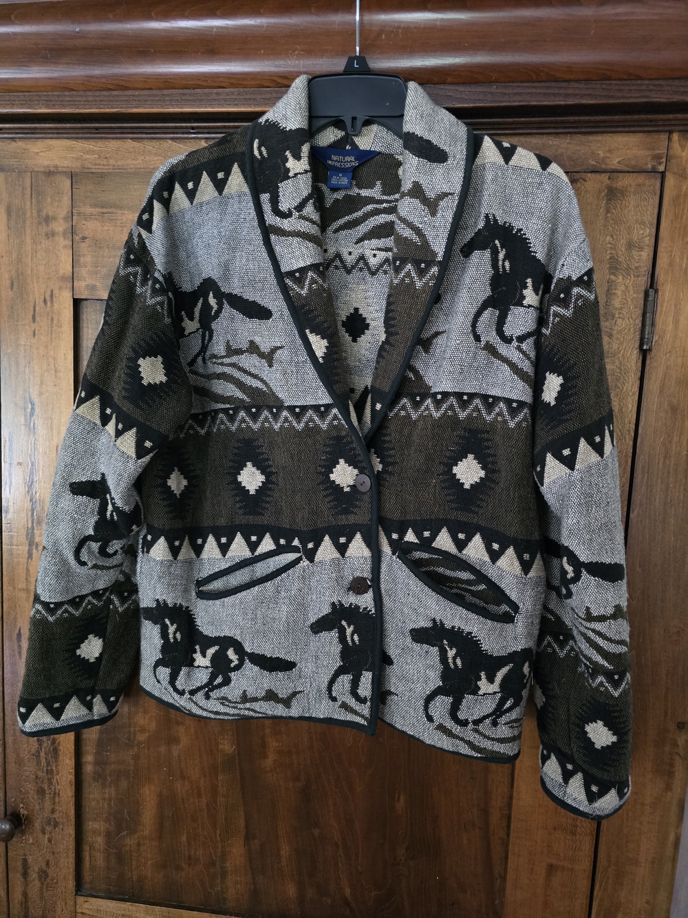 O Natural Impressions 100% Cotton Gray & Black Horse Pattern Jacket Medium